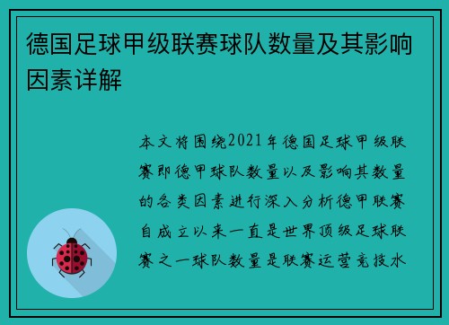 德国足球甲级联赛球队数量及其影响因素详解