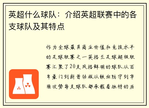 英超什么球队：介绍英超联赛中的各支球队及其特点