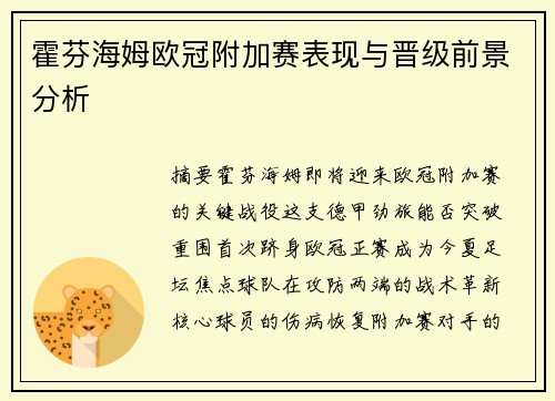 霍芬海姆欧冠附加赛表现与晋级前景分析